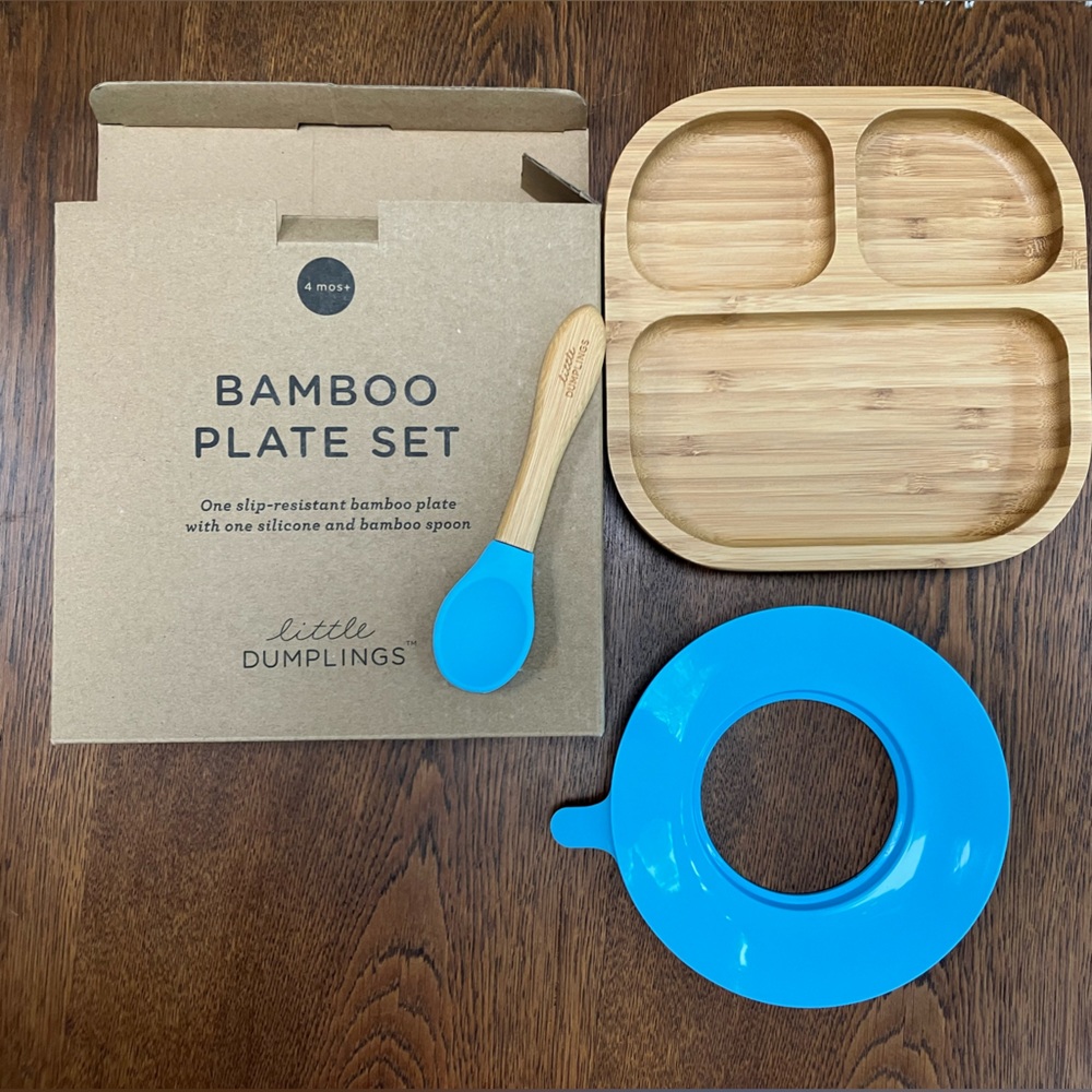 Child’s bamboo plate w/ silicone & bamboo spoon. New. Ergonomic, slip resistant